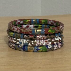 Vintage Cloisonné Bangles Bracelets Chinese Floral Colorful Flower Jewelry Set 4